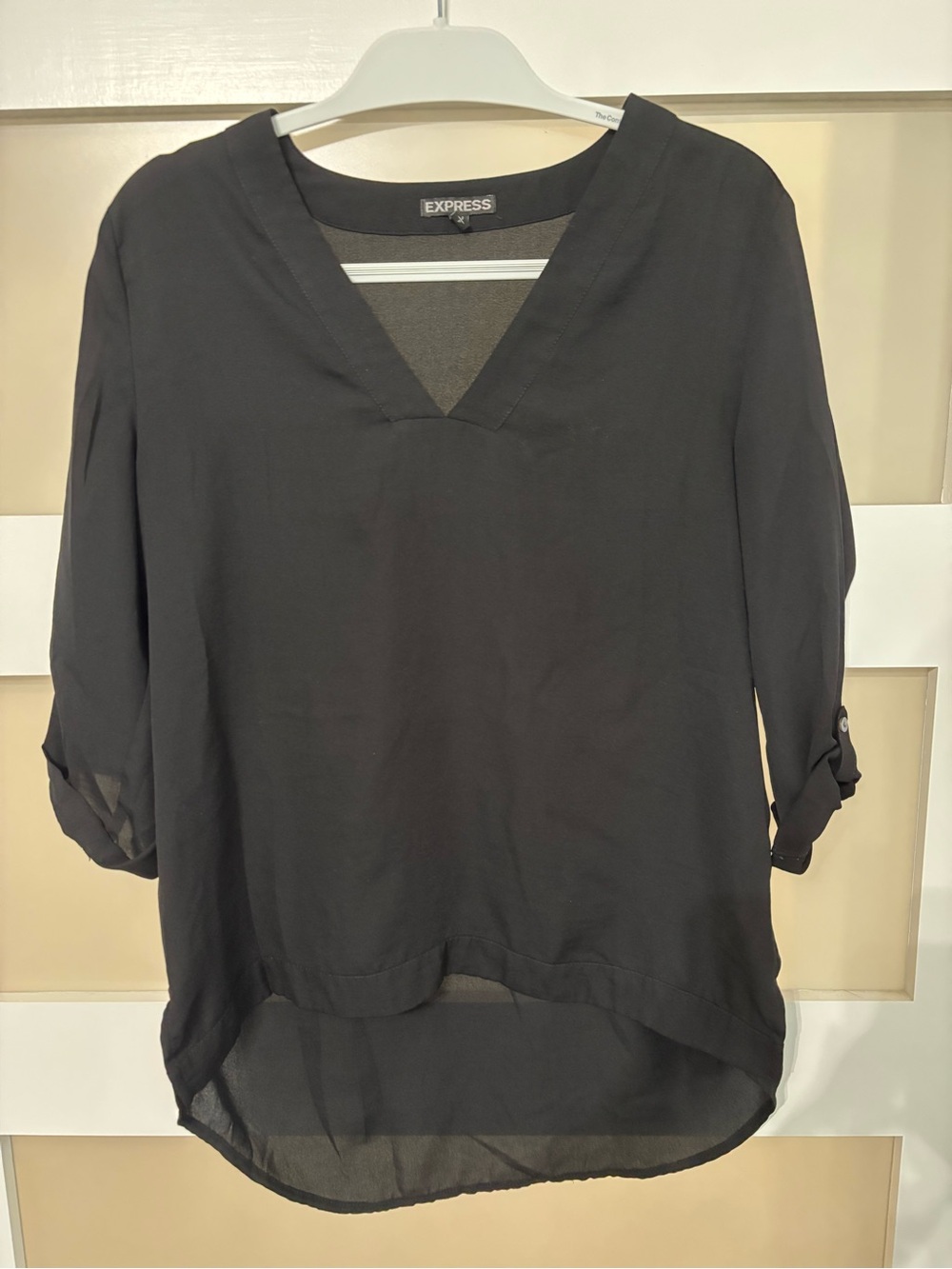Express Black V-Neck Roll-Tab Sleeve Blouse